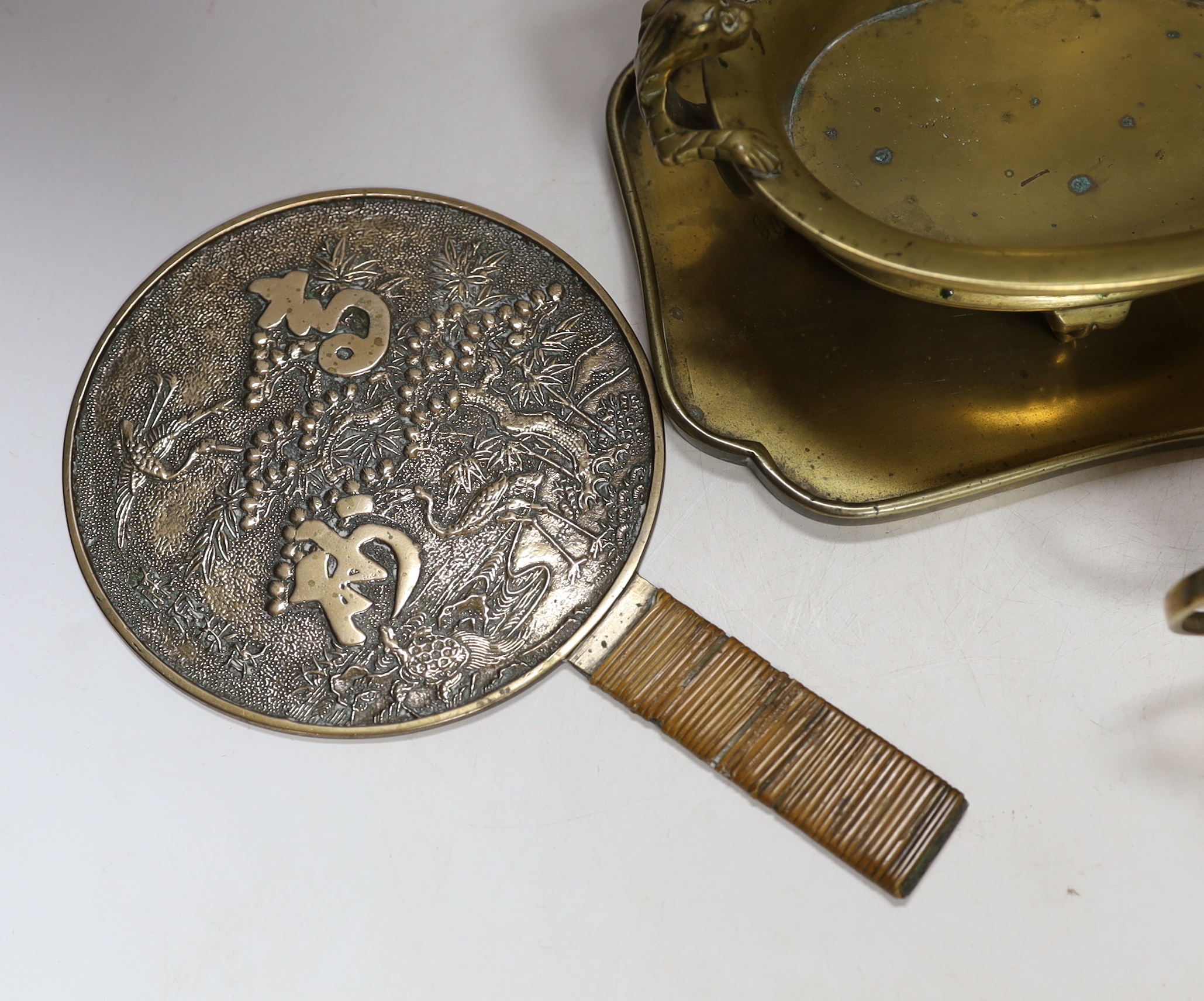 A Chinese archaistic bronze censer, Qing dynasty, a mirror and various Asian bronzes etc, censer 19cm wide